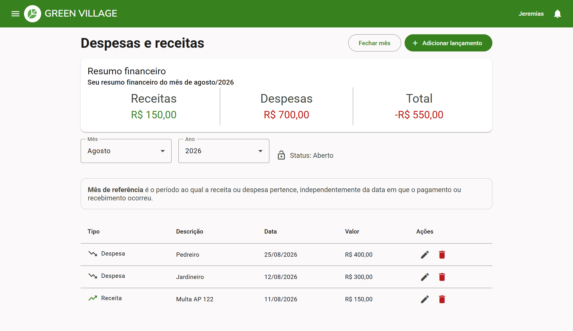 Tela de despesas e receitas do Green Village com resumo financeiro do mês