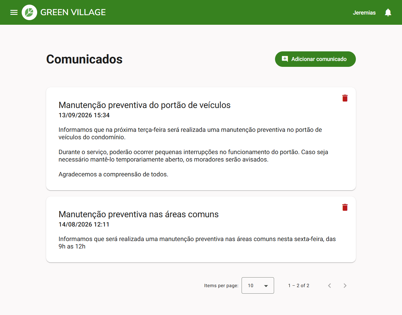Comunicados do condomínio disponíveis para consulta no Green Village